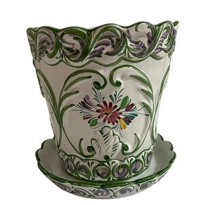 Vintage RCCL Portugal Hand Painted Floral Ceramic Green On White Flower Pot